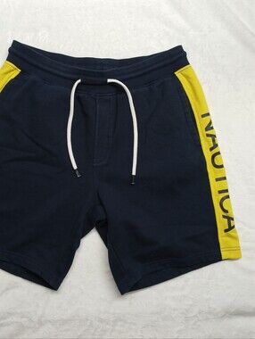 Nautica Men’s Navy and yelow  Fleece Shorts Size M Logo Side Stripe Drawstring